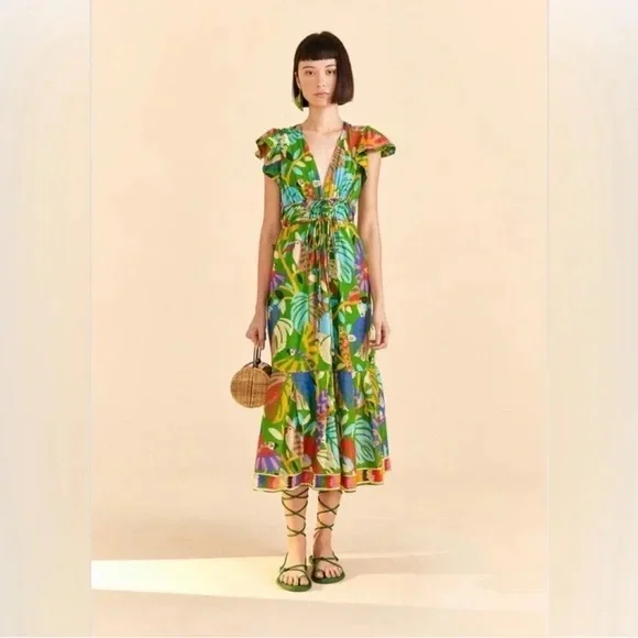 green emerald velvet dress Bird Leaves Sand One Shoulder Maxi Dress – FARM Rio main image 1